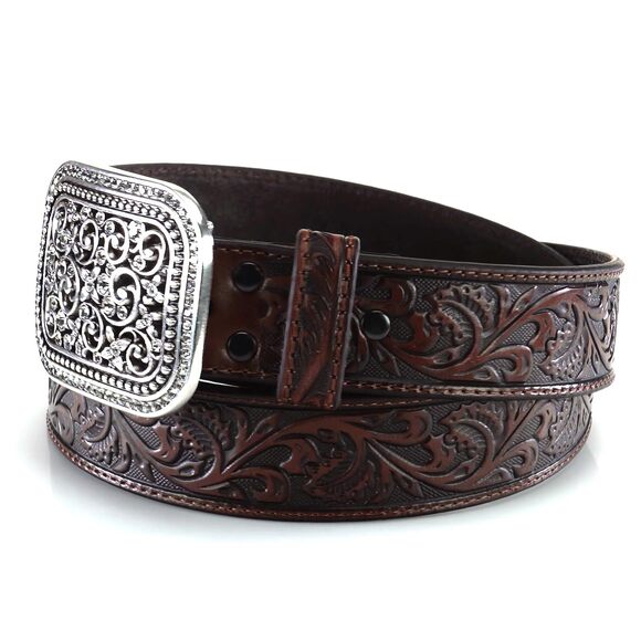 3326 Women\'s Rhinestones Embossed Leather Belt, Brown main image 4